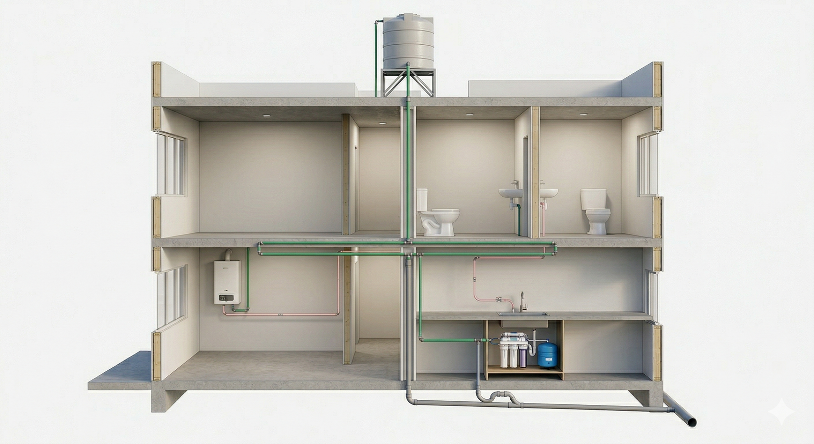 Instalación hidrosanitaria — corte técnico